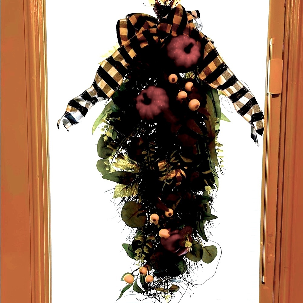 Hand Crafted Flower Swag w Buffalo Checkered Bow Adorable Pumpkins & Handmade